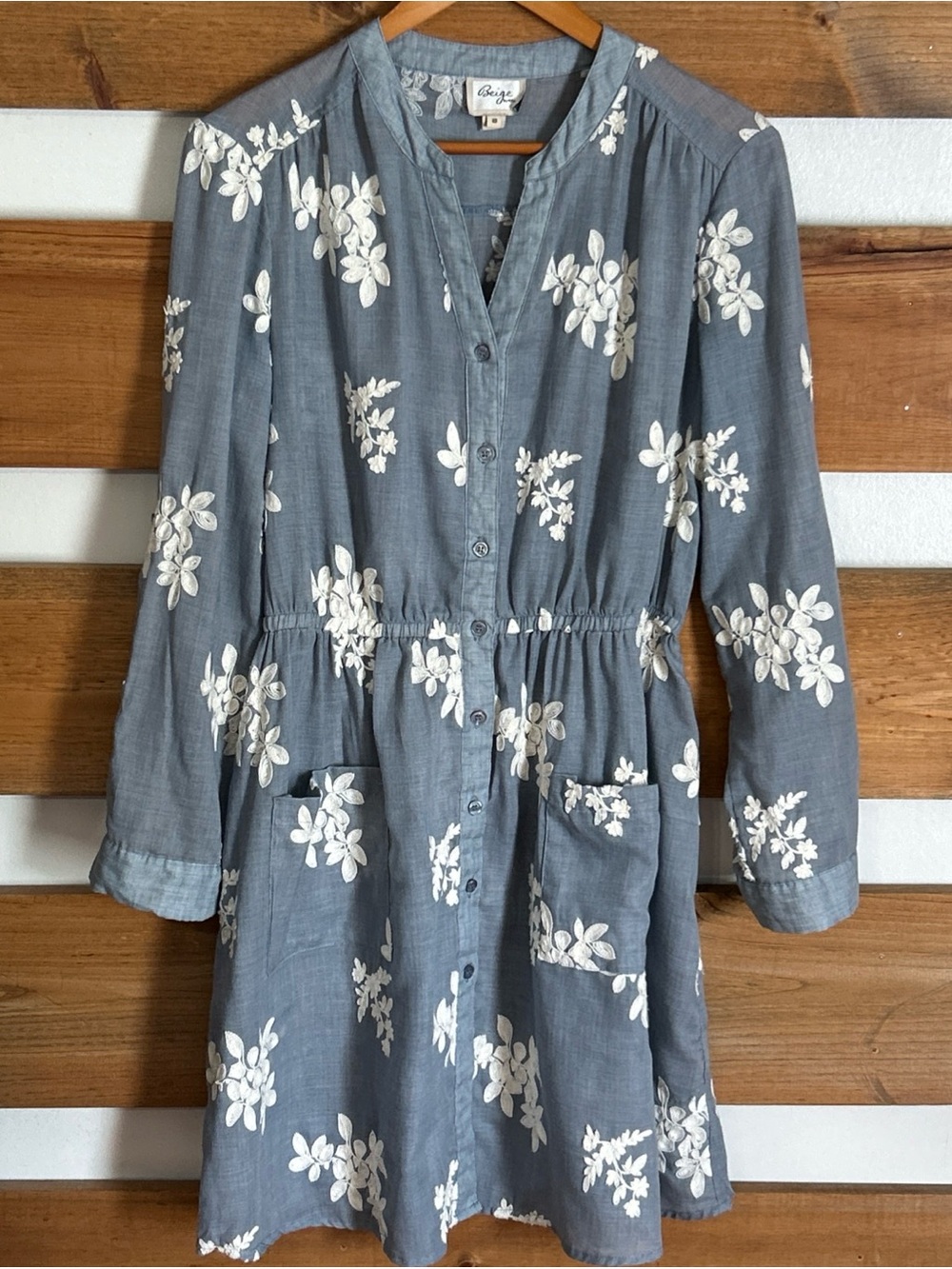 Beige by eci Blue-Gray Midi Dress with White Floral Embroidery